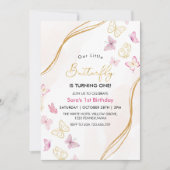 Eerste 1e Verjaardag Roze en Gouden Vlinder Thema Kaart (Voorkant)