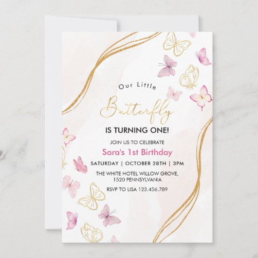 Eerste 1e Verjaardag Roze en Gouden Vlinder Thema Kaart (Voorkant)