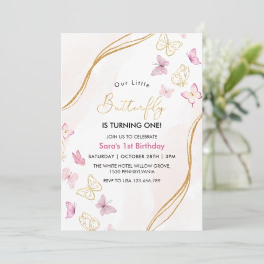 Eerste 1e Verjaardag Roze en Gouden Vlinder Thema Kaart (Staand voorkant)