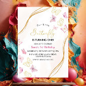 Eerste 1e Verjaardag Roze en Gouden Vlinder Thema Kaart