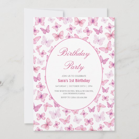 Eerste 1e Verjaardag Roze en paarse Vlinders Kaart (Voorkant)