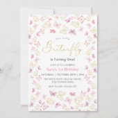 Eerste 1e verjaardag roze & gouden vlinders kaart (Voorkant)