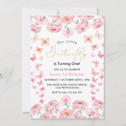 Eerste 1e Verjaardag Roze Vlinder & Bloem Kaart (Voorkant)