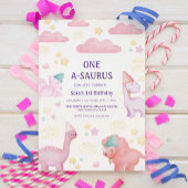 Eerste 1e Verjaardag Roze Waterverf Dinosaurussen Kaart