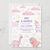 Eerste 1e Verjaardag Roze Waterverf Dinosaurussen Kaart (Voorkant)