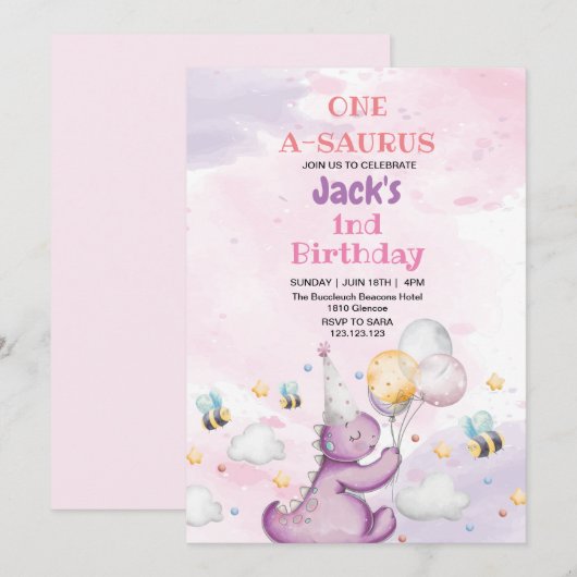 Eerste 1e Verjaardag Schattigee Paarse Dinosaurus  Kaart (Voorkant / Achterkant)