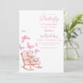 Eerste 1e verjaardag teddy & vlinder kaart (Staand voorkant)