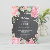 Eerste 1e verjaardag uitnodiging Roze Bloemen (Staand voorkant)