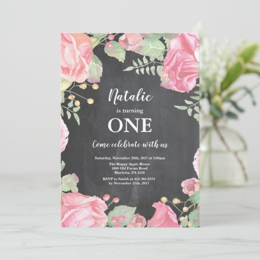 Eerste 1e verjaardag uitnodiging Roze Bloemen (Staand voorkant)