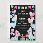 Eerste 1e Verjaardag Waterverf Dinosaur Party Zwar Kaart (Voorkant)