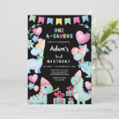 Eerste 1e Verjaardag Waterverf Dinosaur Party Zwar Kaart (Staand voorkant)