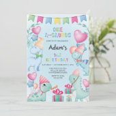 Eerste 1e Verjaardag Waterverf Dinosaurus, Lichtbl Kaart (Staand voorkant)