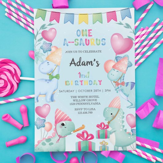Eerste 1e Verjaardag Waterverf Dinosaurus, Lichtbl Kaart
