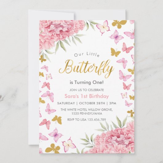 Eerste 1e Verjaardag Waterverf Vlinder & Bloem Kaart (Voorkant)