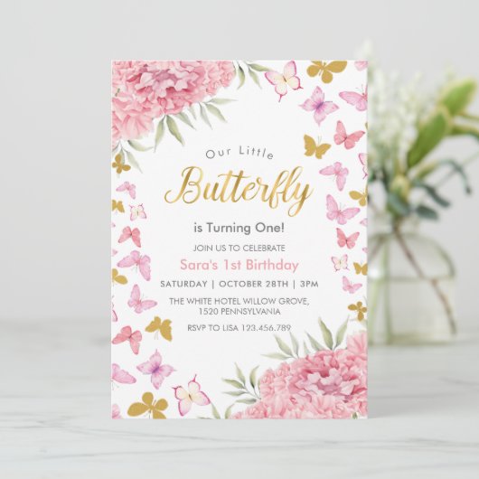 Eerste 1e Verjaardag Waterverf Vlinder & Bloem Kaart (Staand voorkant)