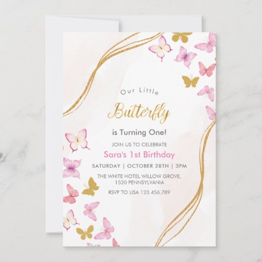 Eerste 1e Verjaardag Waterverf Vlinders Partij Kaart (Voorkant)