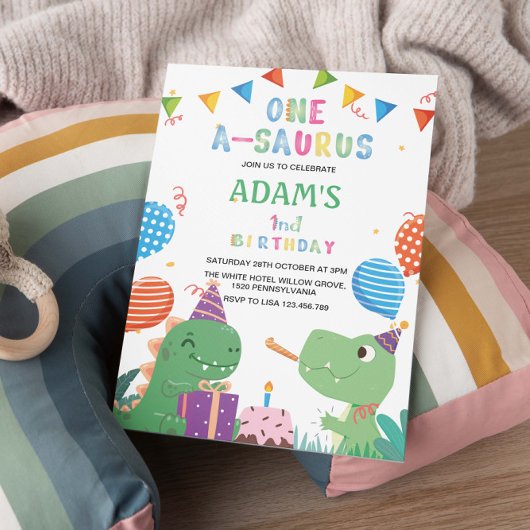 Eerste 1e verjaardagsfeest dinosaurus & taart kaart