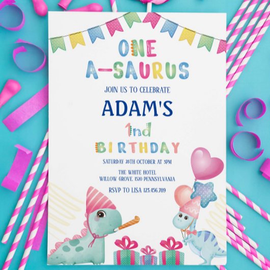 Eerste 1e verjaardagsfeestje Twee Dinosaurus Kaart