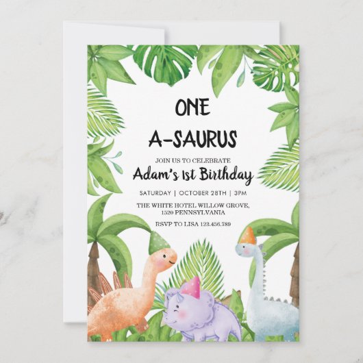 Eerste 1e verjaardagsfeestje Waterverf dinosauruss Kaart (Voorkant)