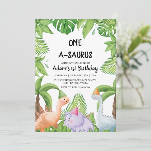 Eerste 1e verjaardagsfeestje Waterverf dinosauruss Kaart (Staand voorkant)