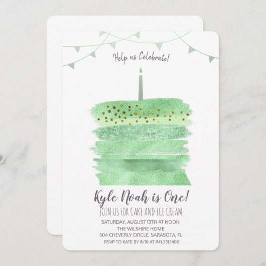 Eerste 1e verjaardagstaart uitnodiging (Voorkant / Achterkant)