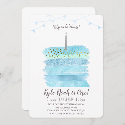 Eerste 1e verjaardagstaart uitnodiging (Voorkant / Achterkant)