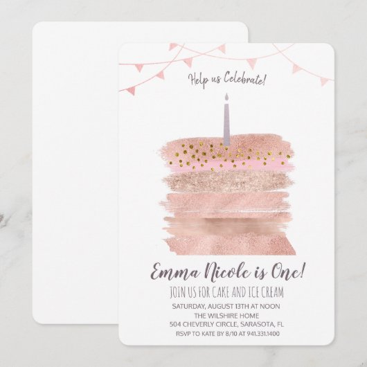 Eerste 1e verjaardagstaart uitnodiging (Voorkant / Achterkant)