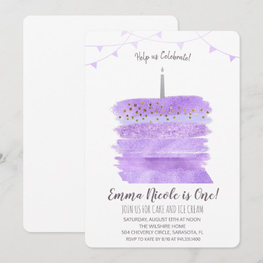 Eerste 1e verjaardagstaart uitnodiging (Voorkant / Achterkant)