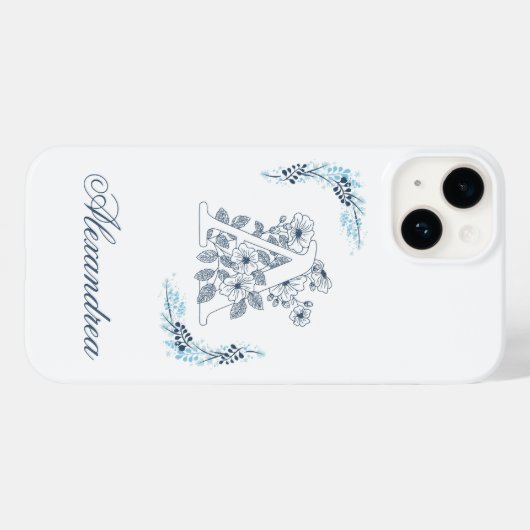 Eerste "A" Blauwe Monogram Rustige Bloem Case-Mate iPhone Case (Achterkant (horizontaal))