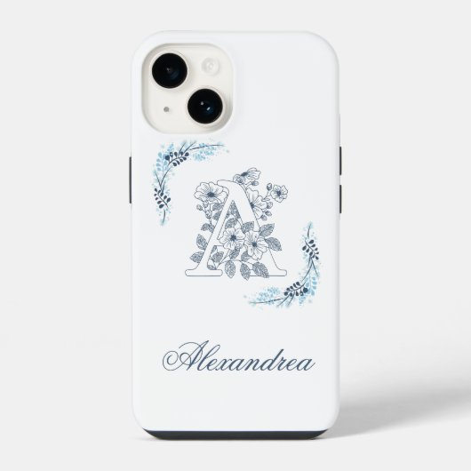 Eerste "A" Blauwe Monogram Rustige Bloem iPhone Hoesje (Achterkant)