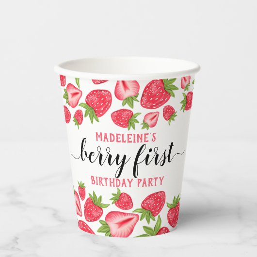 Eerste aardbei eerste aardbei 1e verjaardag Aangep Papieren Bekers (Voorkant)