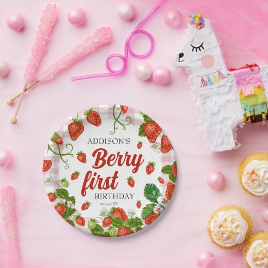 Eerste aardbei eerste aardbei 1e verjaardag Aangep Papieren Bordje (Feest)