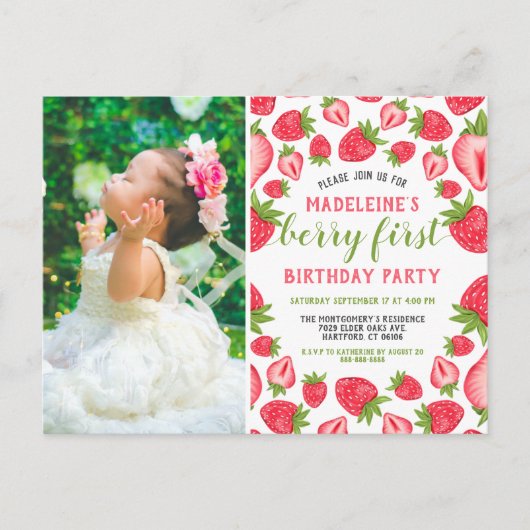 Eerste Aardbei Verjaardagsfeest Foto Briefkaart (Voorkant)