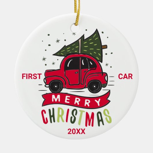 Eerste auto kerstmis rode auto boom aangepaste tek keramisch ornament (Voorkant)