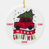 Eerste auto kerstmis rode auto boom aangepaste tek keramisch ornament (Achterkant)