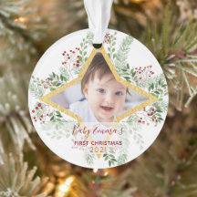 Eerste Baby Chrismas Gold en Red Ornament