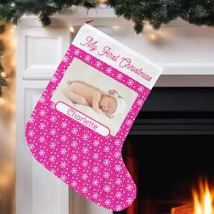 Eerste Baby Meisje's Fotonaam Pink Snow Grote Kerstsok