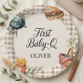 Eerste Baby Q BBQ 1e Verjaardag Jongen Rustieke Gi Papieren Bordje