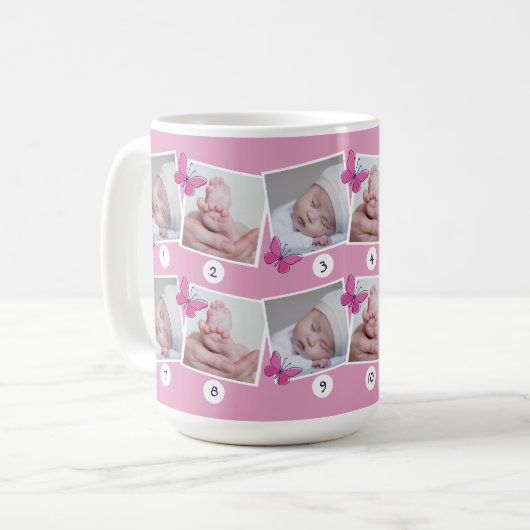 Eerste babyjaar fotocollage roze vlinders  koffiemok (Voorkant links)