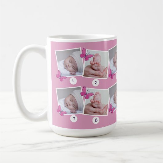 Eerste babyjaar fotocollage roze vlinders  koffiemok (Links)