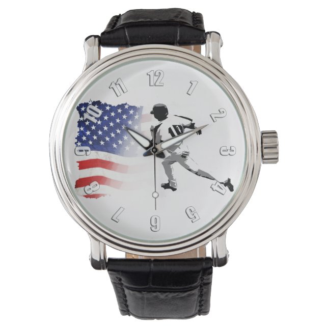 Eerste basisrun - Baseball Player en US Flag Horloge (Voorkant)