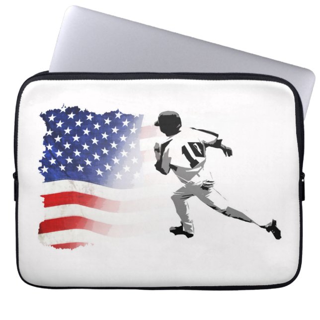 Eerste basisrun - Baseball Player en USA Flag Laptop Sleeve (Voorkant)