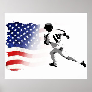 Eerste basisrun - Baseball Player en USA Flag Poster