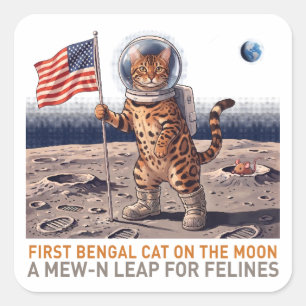 Eerste Bengaalse Kat op de Maan - Retro Ruimte Fel Vierkante Sticker