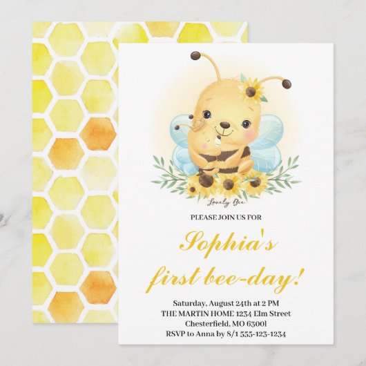 Eerste Bij-dag Bij Honing Bij 1e Verjaardagsuitnod Kaart (Voorkant / Achterkant)
