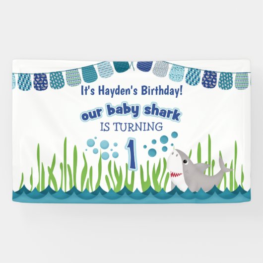 Eerste Birthday Blue Blauwgroen Shark Ocean Kind B Spandoek (Horizontaal)
