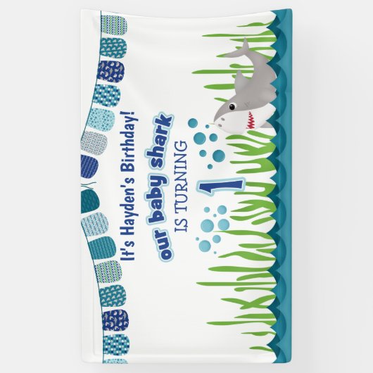 Eerste Birthday Blue Blauwgroen Shark Ocean Kind B Spandoek (Verticaal)