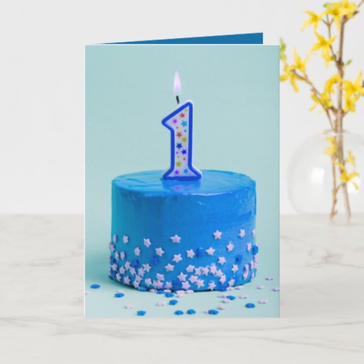 Eerste Birthday Blue Cake en Candle Kaart (Gele Bloem)