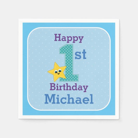 Eerste Birthday Boy, Blauw, Gele Ster met Naam Servet (Voorkant)