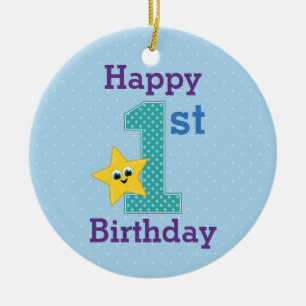 Eerste Birthday Boy, Blauw met Gele Ster Keramisch Ornament